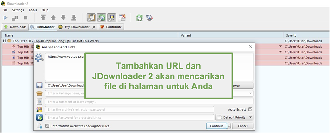 Cuplikan layar fitur pencarian file JDownloader melalui URLs 