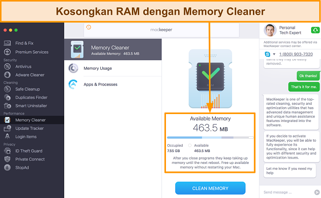 Gambar antarmuka MacKeeper Memory Cleaner yang mengidentifikasi penggunaan RAM