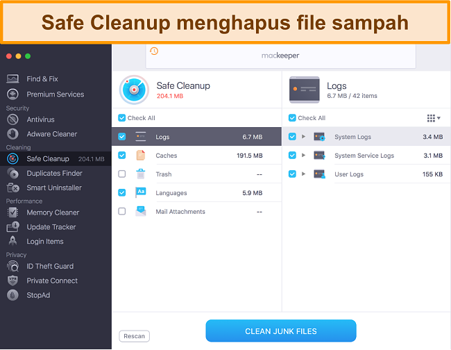 Gambar Pembersihan Aman MacKeeper yang mengidentifikasi file sampah untuk dibersihkan