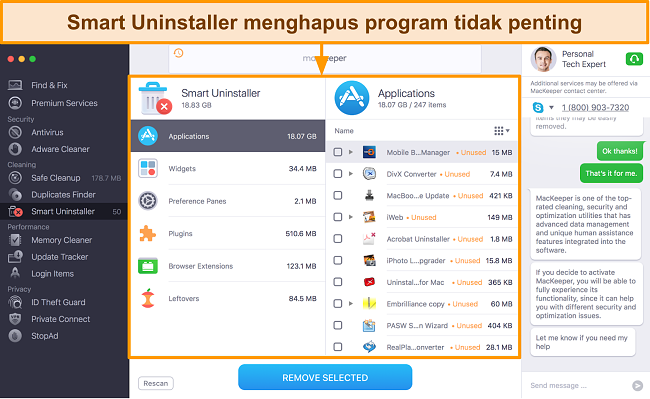 Gambar Smart Uninstaller MacKeeper yang mengidentifikasi aplikasi yang tidak digunakan untuk dihapus