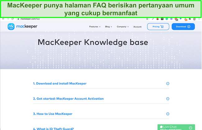Image of MacKeeper's online knowledge base giving useful answers to common questions
