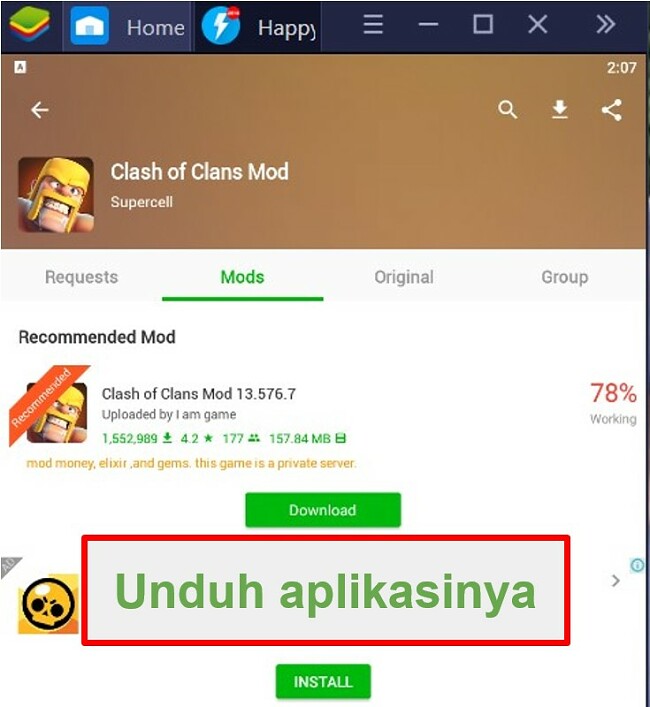 HappyMod menunjukkan semua hasil yang relevan dan merekomendasikan versi mod game terbaik untuk diunduh