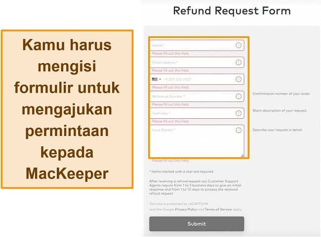 Tangkapan layar formulir permintaan pengembalian dana MacKeeper saat menggunakan jaminan uang kembali