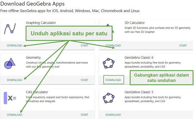 Anda dapat mengunduh aplikasi GeoGebra satu per satu atau bersama-sama dalam bundel Klasiknya