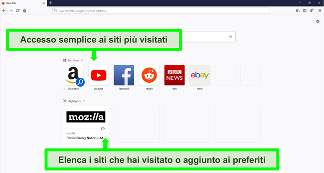 Screenshot della home page di Firefox con le caratteristiche evidenziate