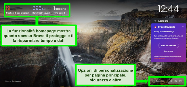 Screenshot con annotazioni della homepage del browser Brave, che evidenzia le funzionalità e le impostazioni di personalizzazione