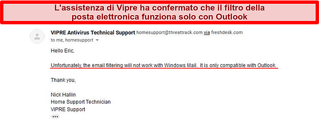 Screenshot di uno scambio di e-mail con supporto Vipre