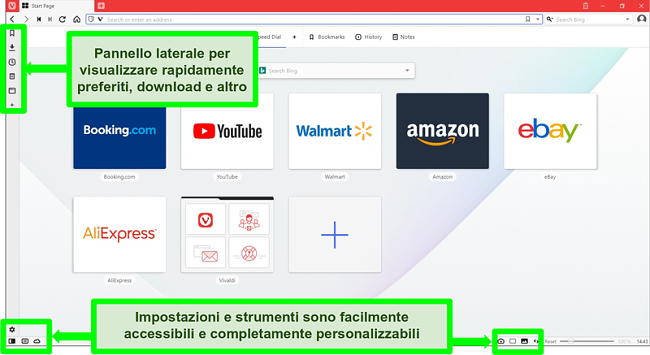 Screenshot della homepage di Vivaldi con alcune funzionalità evidenziate e annotate