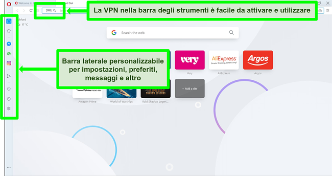 Screenshot della homepage di Opera con VPN e barra laterale evidenziate