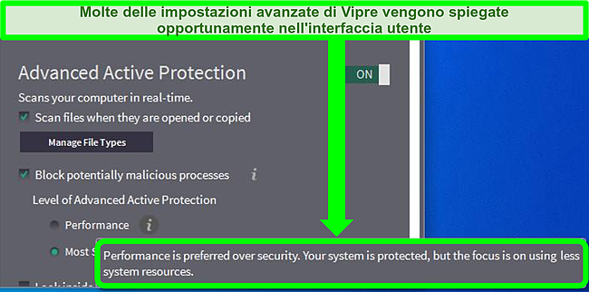 Screenshot dell'interfaccia utente di Vipre che mostra una spiegazione delle impostazioni avanzate
