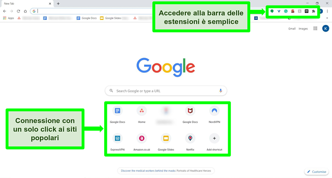 Screenshot della home page di Google Chrome con alcune funzionalità evidenziate