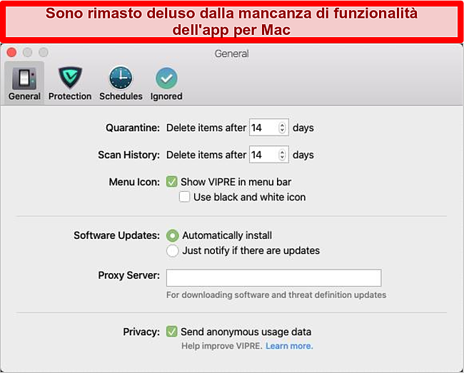 Screenshot dell'interfaccia macOS di Vipre Advanced Security
