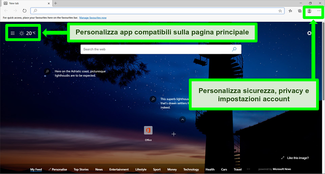 Screenshot della home page di Microsoft Edge con alcune funzionalità evidenziate