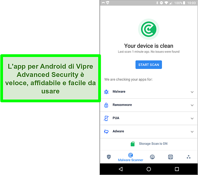 Screenshot dell'app Vipre Advanced Security per Android