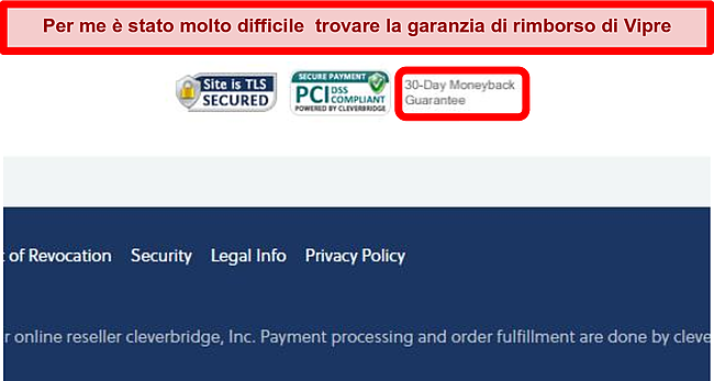 Screenshot di una stampa fine in fondo al carrello di Vipre che menziona una garanzia di rimborso