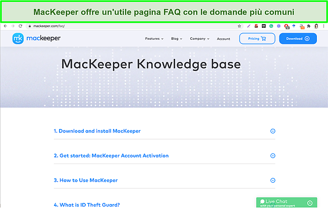 Immagine della knowledge base online di MacKeeper che fornisce risposte utili a domande comuni