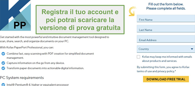 Screenshot del modulo di registrazione per scaricare la prova gratuita