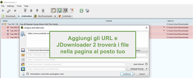 Screenshot della funzione di ricerca dei file JDownloader tramite URL