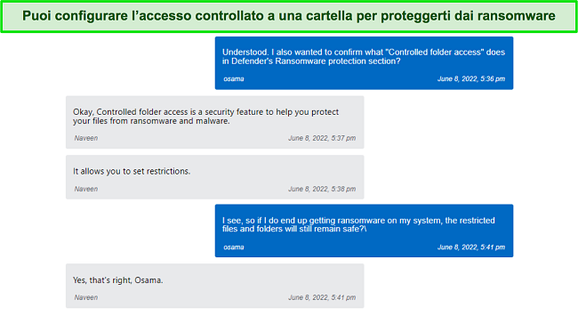 Il supporto della chat dal vivo di Microsoft Defender spiega come funziona la sua protezione dal ransomware