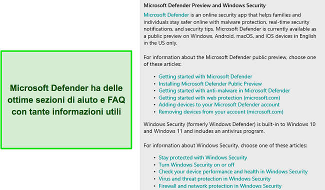La sezione della guida e delle domande frequenti di Microsoft Defender con molte informazioni utili