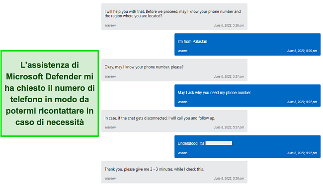 Il supporto di Microsoft Defender che chiede il mio numero di telefono nel caso in cui vogliano continuare