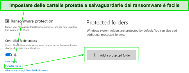 Configurazione di cartelle protette nel menu di protezione dal ransomware di Microsoft Defender