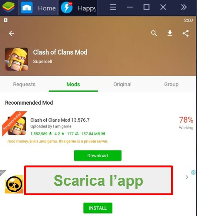 HappyMod mostra tutti i risultati rilevanti e consiglia la migliore versione modificata del gioco da scaricare