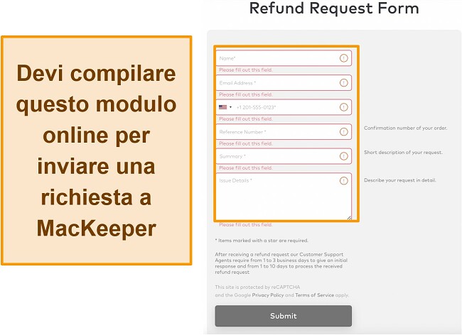Schermata del modulo di richiesta di rimborso di MacKeeper quando si utilizza la garanzia di rimborso