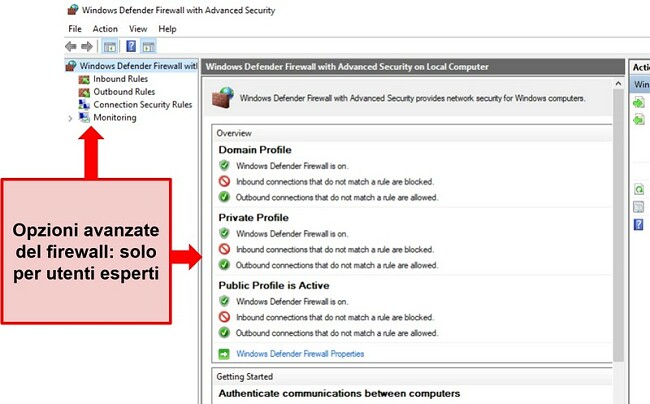 Screenshot delle impostazioni di sicurezza del firewall di Windows Defender
