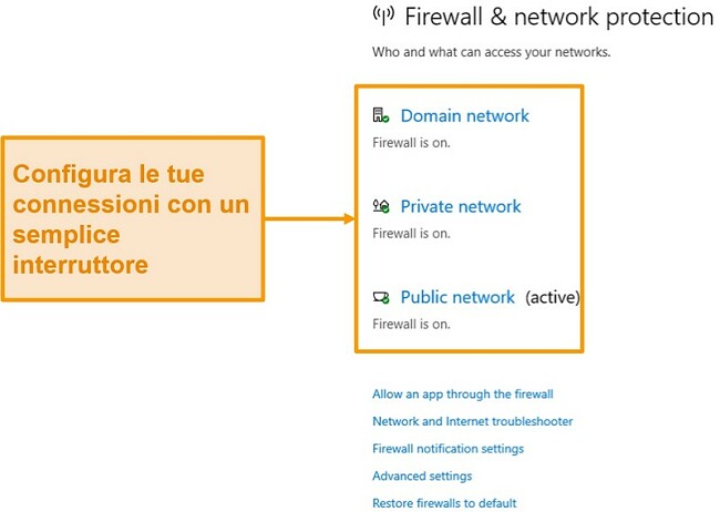 Screenshot delle impostazioni del firewall di Microsoft Defender