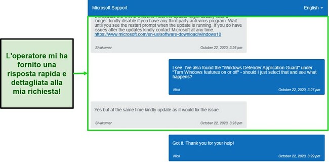 Screenshot della chat dal vivo con un Windows Advisor