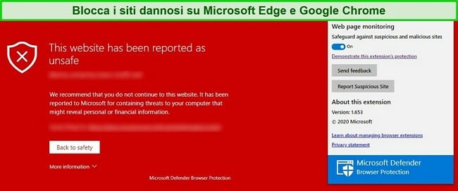 Screenshot di Microsoft Defender che blocca un sito dannoso