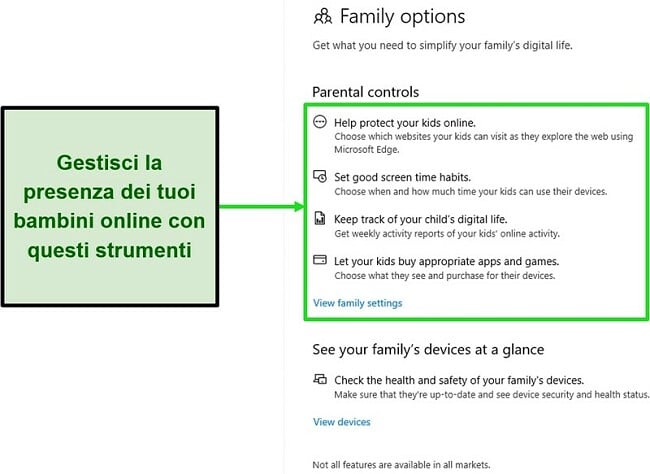 Screenshot degli strumenti di controllo genitori di Microsoft Defender
