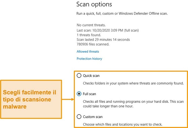 Screenshot delle opzioni di scansione di Microsoft Defender