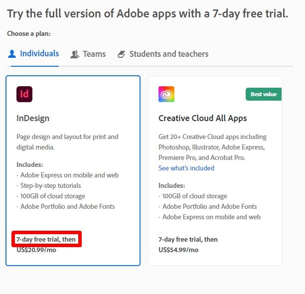InDesign Ücretsiz deneme Teklifi