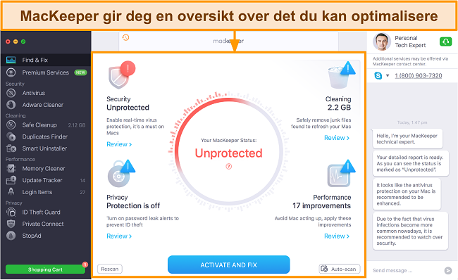 Bilde av MacKeepers Find & Fix -funksjon som gir oversikt over optimaliseringer