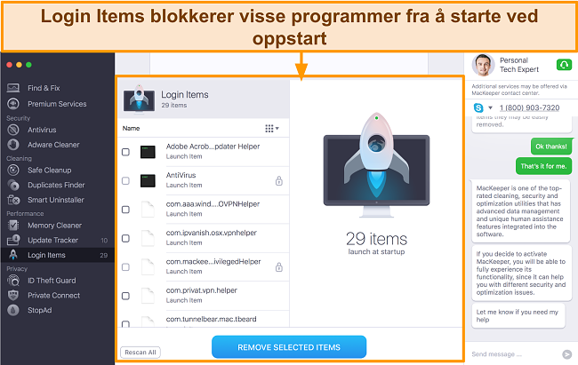 Bilde av Mackeepers innloggingselementer som viser programmer som skal fjernes under oppstart