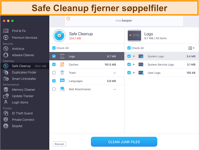 Bilde av MacKeeper's Safe Cleanup som identifiserer søppelfiler for sletting