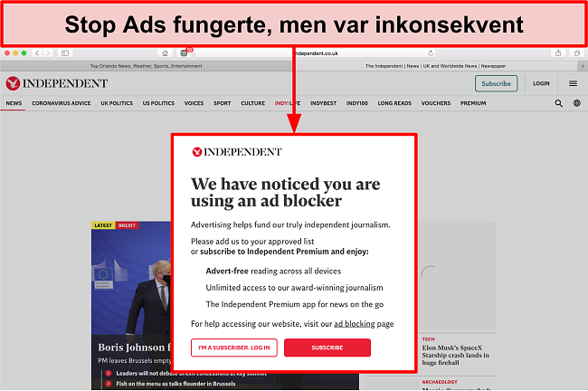 Bilde av nettstedet som oppdaget at Stop Ads var i bruk