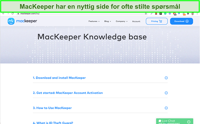 Bilde av MacKeepers online kunnskapsbase som gir nyttige svar på vanlige spørsmål