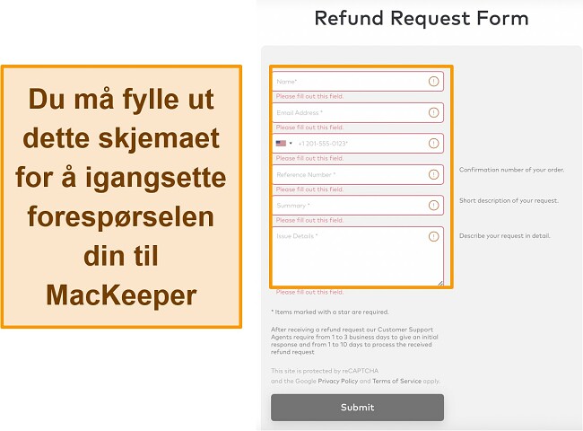 Skjermbilde av MacKeepers refusjonsskjema når du bruker pengene-tilbake-garantien
