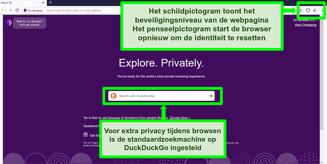Screenshot van de Tor Browser-startpagina met gemarkeerde pictogrammen en zoekmachinefuncties