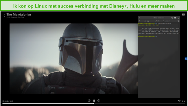 Screenshot van ExpressVPN op Linux waarmee The Mandalorian van Disney + US wordt gedeblokkeerd.