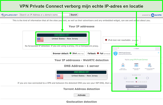 Afbeelding van de VPN van MacKeeper die met succes het IP-adres verbergt tijdens een test