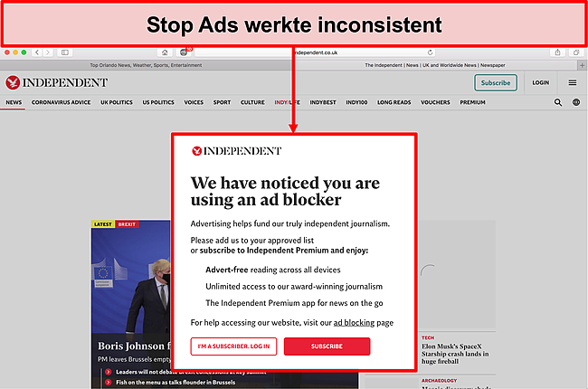 Afbeelding van website die detecteert dat Stop Ads in gebruik was