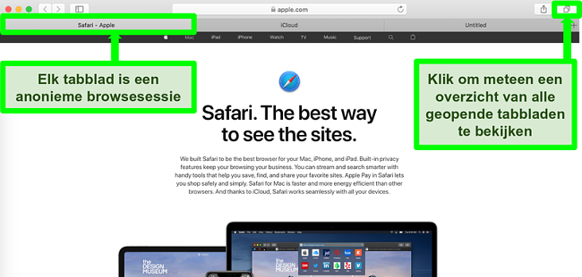 Screenshot van de startpagina van de beveiligde browser Safari