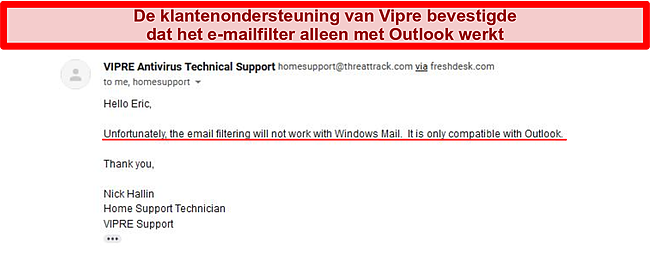 Screenshot van een e-mailuitwisseling met Vipre-ondersteuning