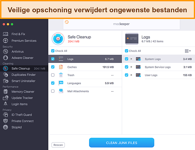 Afbeelding van MacKeeper's Safe Cleanup die ongewenste bestanden identificeert om te wissen