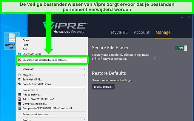 Screenshot van Vipre's veilige tool voor het wissen van bestanden