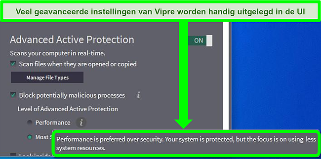Screenshot van de gebruikersinterface van Vipre met een uitleg van geavanceerde instellingen